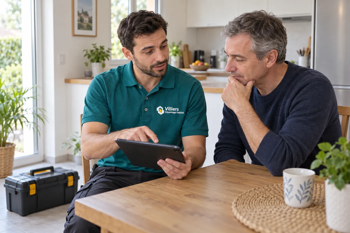 Technicien présentant un devis sur tablette à un client, à la table de la cuisine, avant les travaux