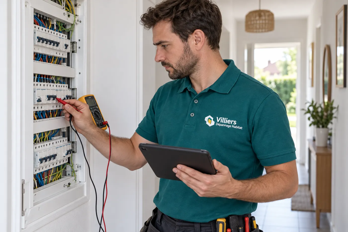 Technicien vérifiant un disjoncteur au multimètre devant un tableau électrique